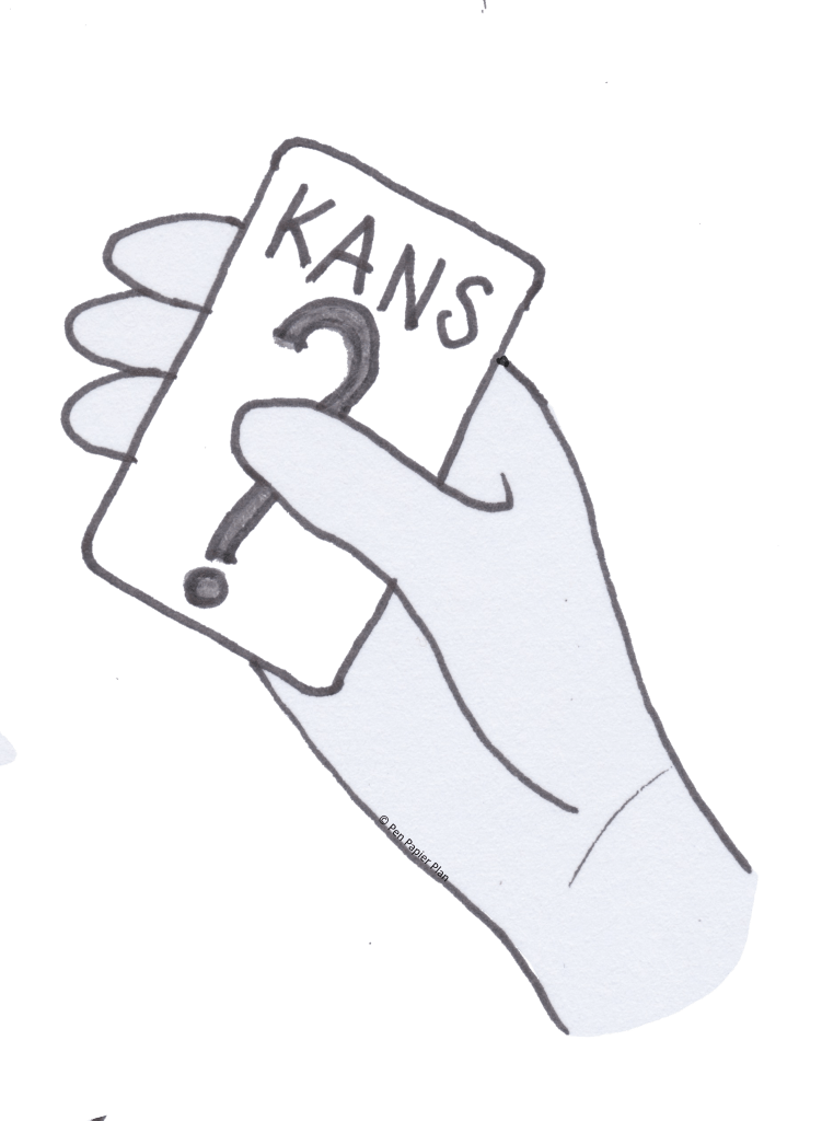 trekking van een kanskaart als metafoor voor de kansen die een tafelopstelling bij Zie het Plan biedt ten opzichte van dure en lastige te plannen teamsessies